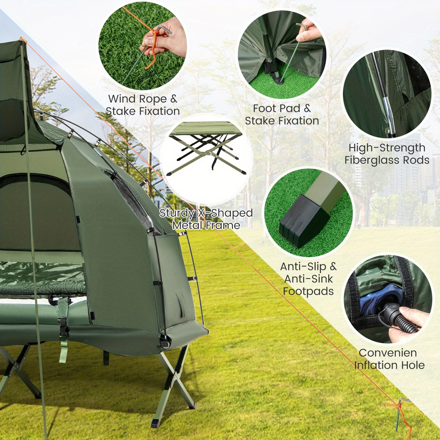 Camping Tent Cot W/ Sleeping Bag, Air Mattress & Pillow - lakescouleeoutdoors