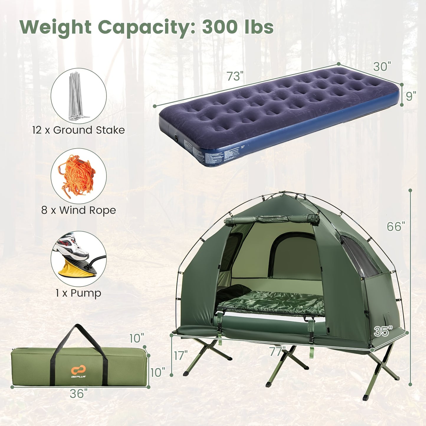 Camping Tent Cot W/ Sleeping Bag, Air Mattress & Pillow - lakescouleeoutdoors