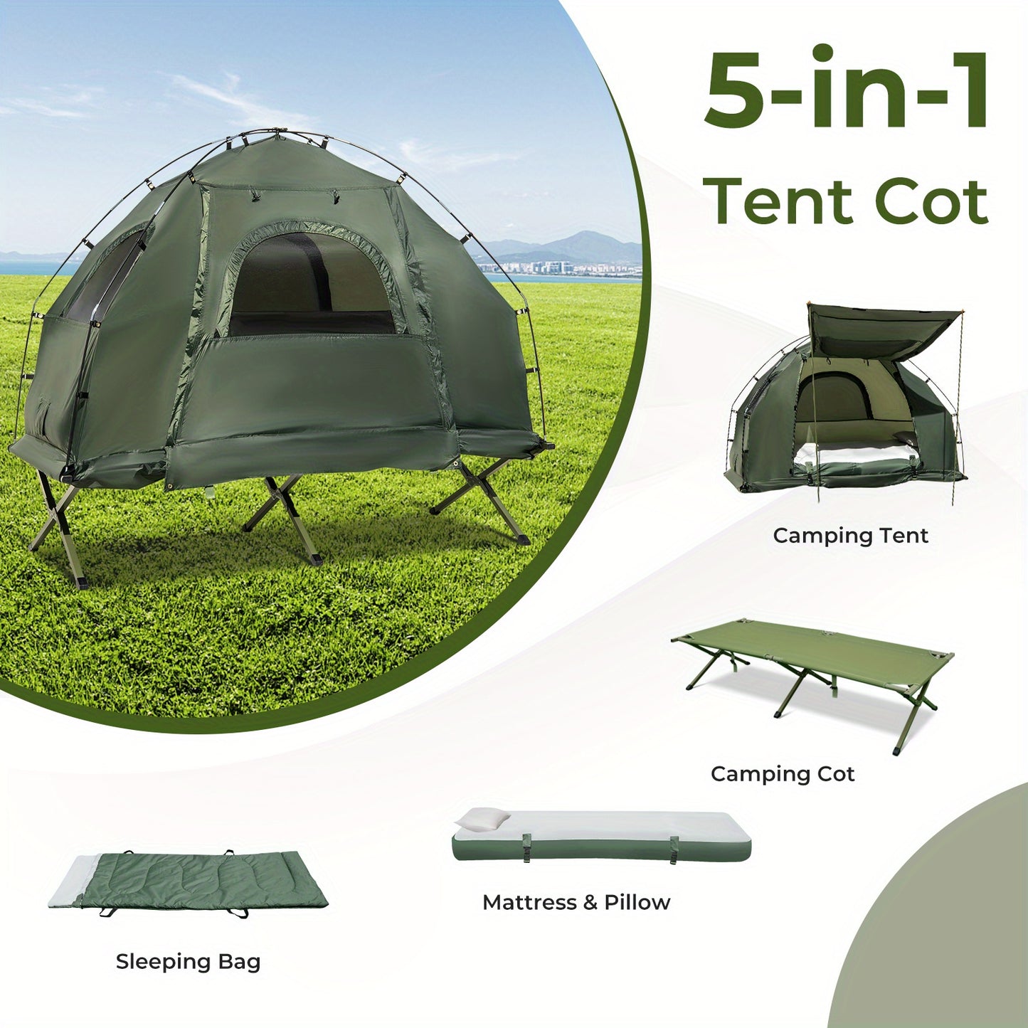 Camping Tent Cot W/ Sleeping Bag, Air Mattress & Pillow - lakescouleeoutdoors